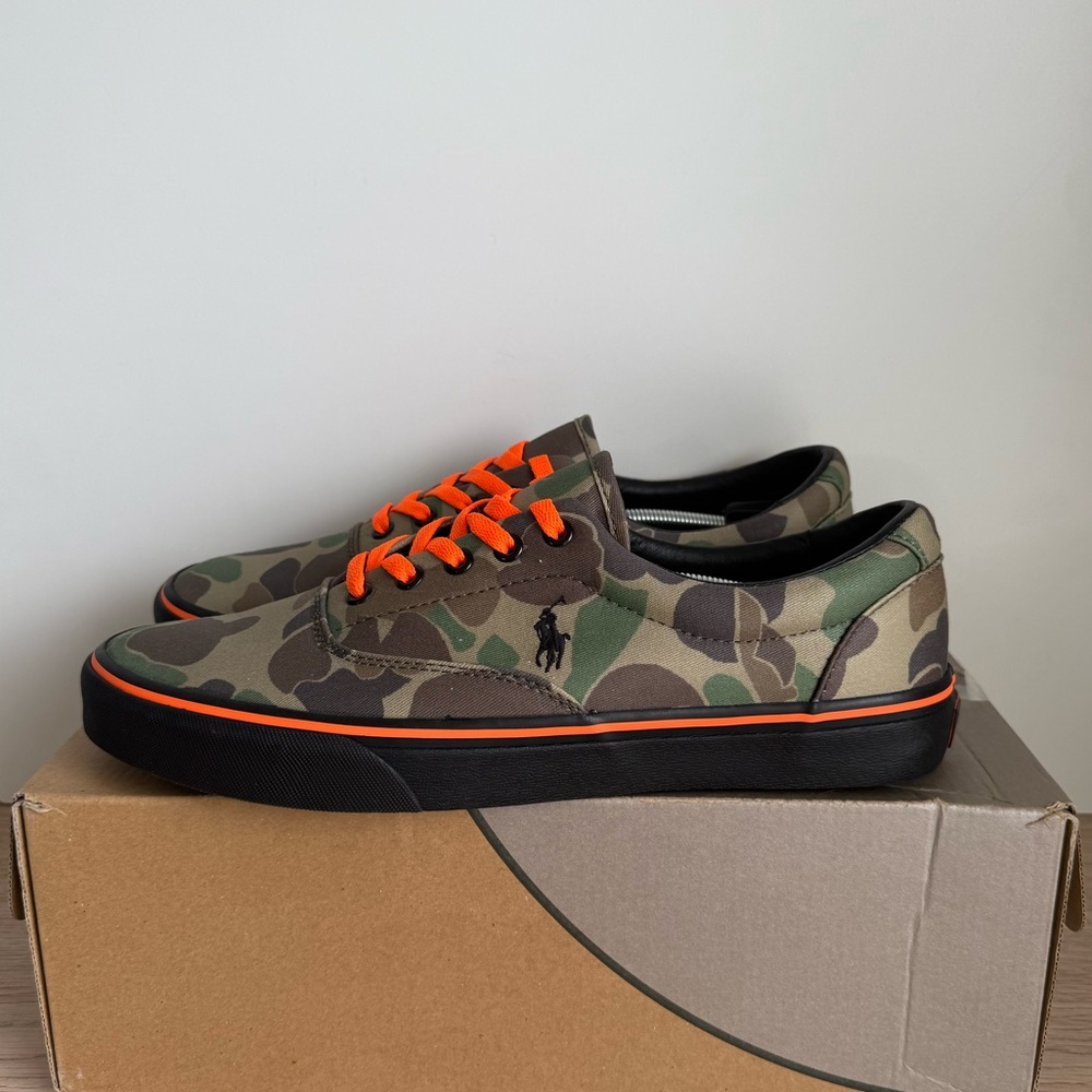 Polo Ralph Lauren Camouflage Green/Orange Canvas Men Sneakers- SZ 10.5 - Picture 6 of 12